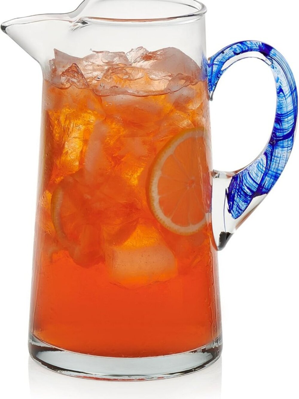 Handcrafted 90 Oz Glass Water Pitcher with Spout & Blue Handle - Artisan Drink
